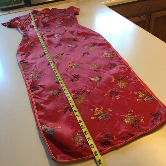 VTG Peony Chinese Qipao Cheongsam Red Dress Size 36 Side Zipper Frog Fasteners - Picture 10 of 11